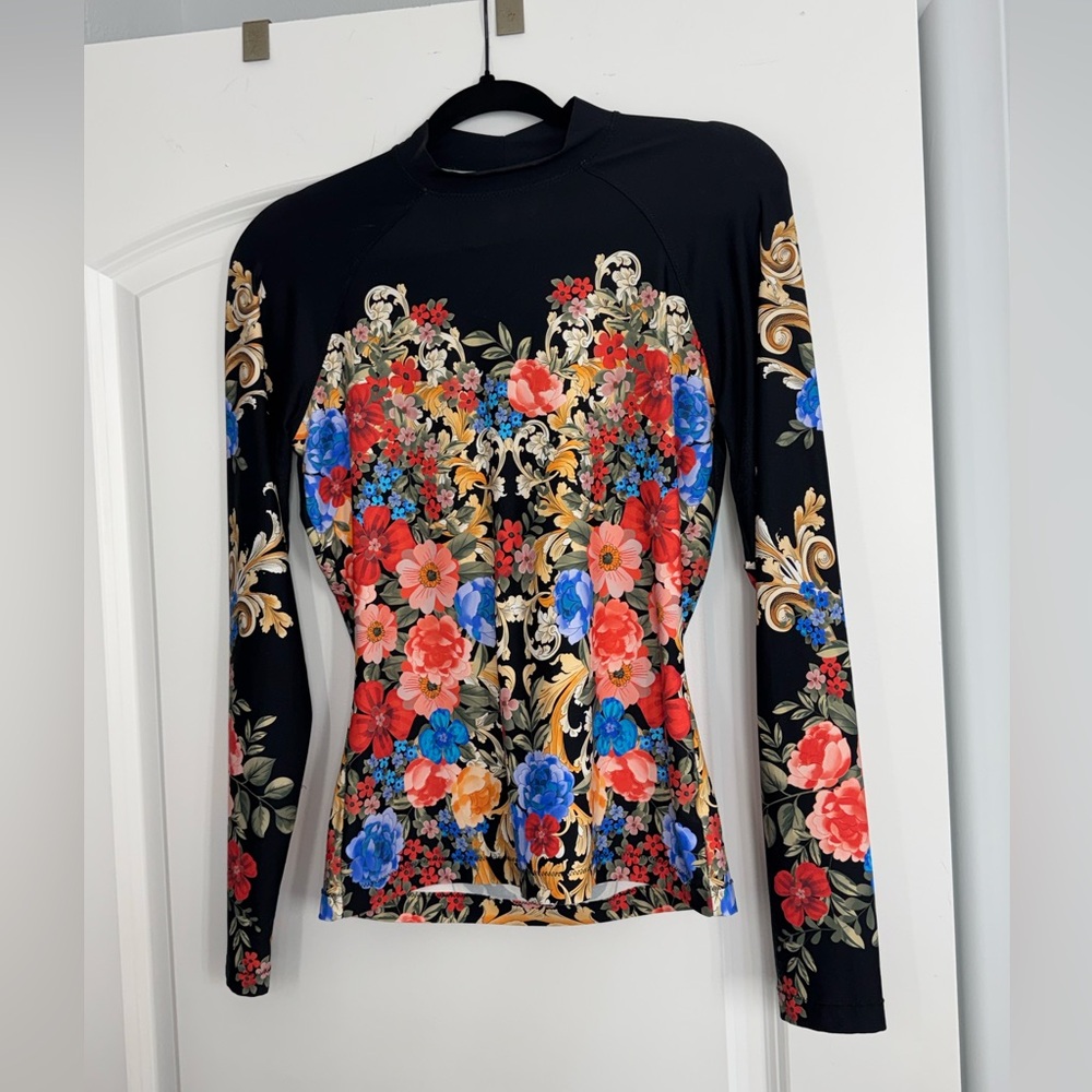 NEW Johnny Was Swim Wear Surf Shirt Rash Guard Black Floral Top Sz M